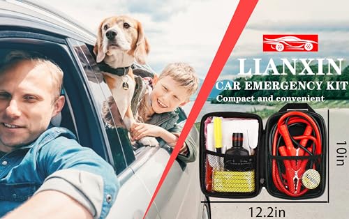 LIANXIN Roadside Emergency Kit Auto Safety Kit with Jumper Cables Headlamp | Gifts for New Drivers Storage Bag with Tow Rope, Gloves, Rainwear, Screwdriver,for Breakdowns, Travel and Winter Emergencies - color: Red