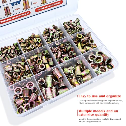 Rivet Nut Kit, 470Pcs SAE & Metric UNC Rivet Nut, Zinc Plated Carbon Steel Rivnut Threaded Inserts Assortment Set Nutserts, Sizes 6-32 8-32 10-24 1/4"-20 5/16"-18 3/8"-16 M3 M4 M5 M6 M8 M10 - size: SAE & Metric Kit - 470 Pcs - Original
