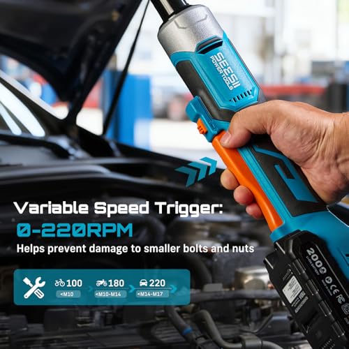 Cordless Electric Ratchet Wrench 3/8", 6" Extended Neck, 3-Speed Adjustable, 74 Ft-lbs Max Torque, 21V Power Brushless Ratchet with 2×2.0Ah Batteries & Fast Charger, 8 Sockets, 1/4"& 1/2" Adapter - size: Extended 6 Inch