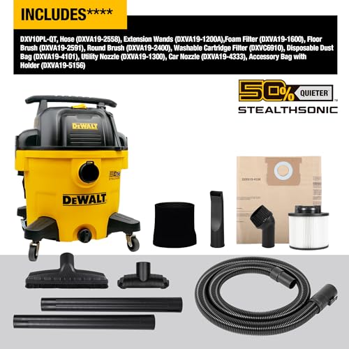 DEWALT 10 Gallon 5.0 Peak HP STEALTHSONIC Shop Vacuum Wet and Dry, Ultra Quiet Wet Dry Vac, Ideal for Jobsite, Garage, Car & Workshop, DXV10P-QT with Attachments & Powerful Suction, Portable Cleaning - size: 10 Gallon
