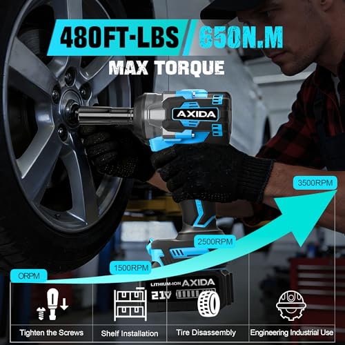 Cordless Impact Wrench, 1/2 Inch Brushless Impact Gun, 21V Impact Driver with 2x 4.0Ah Batteries, Charger & 5 Sockets, Variable Speeds for Car/Mower 650N.m (480 ft-lbs)