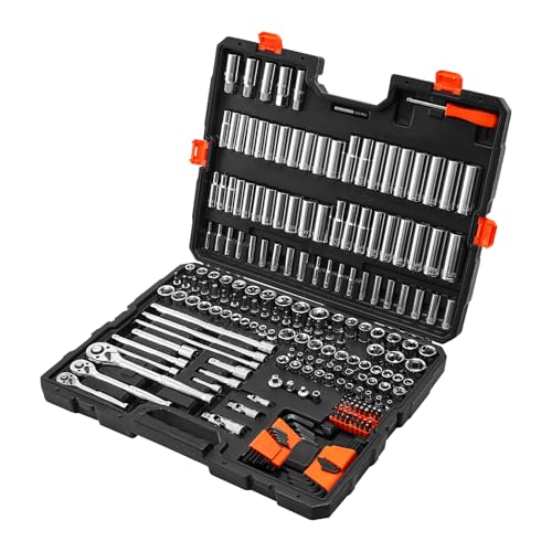 VEVOR Socket Set, 225 Pieces, 3/8 & 1/4 & 1/2 inch Drive Socket and Ratchet Set, SAE and Metric, Deep and Shallow, Mechanic Tool Kit with Bits, Accessories, Storage Case, CR-V Alloy Steel, for Repair - size: 1/4"&3/8"&1/2", style: 225 PCS