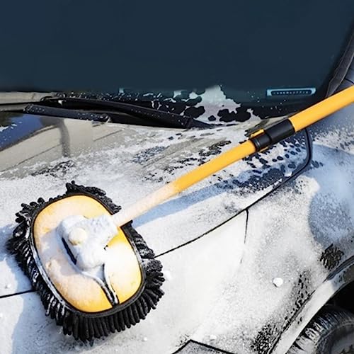 43'' Car Wash Brush with Long Handle Chenille Microfiber Car Wash Kit Mitt Retractable Bent Pole Car Wash Mop for Cars RV Truck Boat (yellow-01) - color: Yellow-01