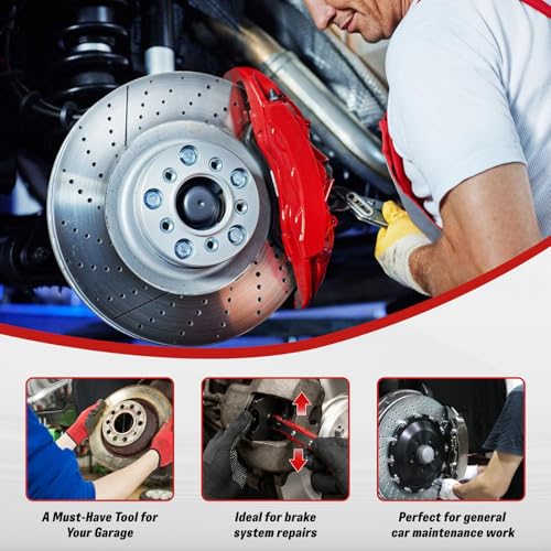 360° Ratcheting Brake Caliper Press Tool with 2 Steel Plates, 2 Hooks & Work Gloves, Universal Piston Spreader for Car Truck Disc Brake Repair