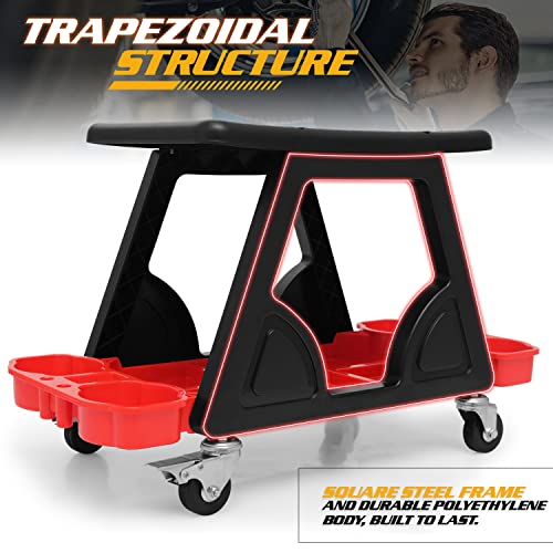 Magshion Garage Creeper Seat with Tool Holder, 300 lbs Capacity Rolling Mechanic Stool, Lightweight Plastic Workshop Chair on Wheels for Auto Repair, Car Detailing & Shop Use (Red)