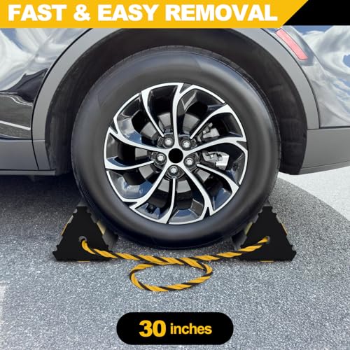 Okllen 2pair/4pack Wheel Chocks with Rope for RV Truck Trailer Camper Car, Heavy Duty Rubber Tire Chocks Blocks with 3 Reflective Strips, Anti-Roll Immobilizer Blocks