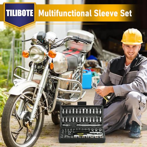 TILIBOTE Socket Wrench Set, 62PCS 1/4" Ratcheting Wrench Set With 72 Tooth count Ratchet, SAE & Metric From 5/32" - 9/16 ", 4mm - 14mm,tool Set For home And car,motorcycle,bike Repair