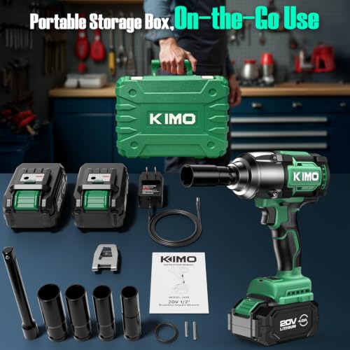 KIMO Impact Wrench 1/2 Inch, 890Ft-Lbs(1200N.m), 4000RPM/2900IPM Brushless Motor High Torque Impact Driver w/Battery, 3 Modes, Variable Speeds, LED Light, Cordless Impact Gun for Car/Truck, 2x4.0Ah - size: 2x4.0Ah