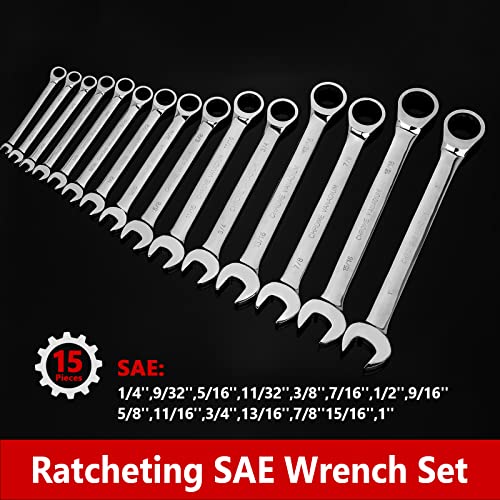 Egofine 15-piece SAE Ratcheting Wrench Set, SAE 1/4" to 1" Chrome Vanadium Steel, 12-Point, 72-Teeth Open End and Box End Combination Tool with a Roll Up Storage Bag - size: SAE-15 piece set
