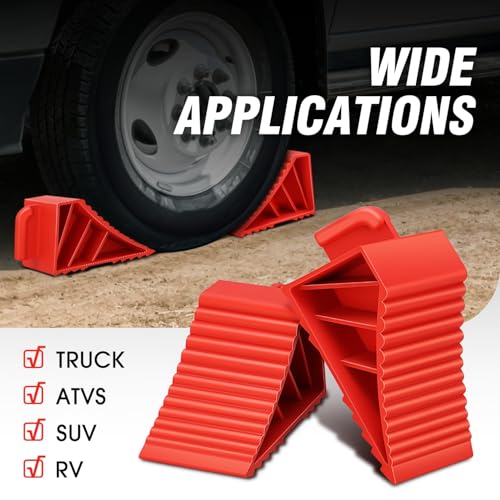 DNA MOTORING 2pcs Wheel Chocks Tire Chocks, Trailer Wheel Chocks RV Wheel Chocks for RV Trailer, Keeps Trailer in-Place, with Handle, Red, 2-Pack, TOOLS-00698