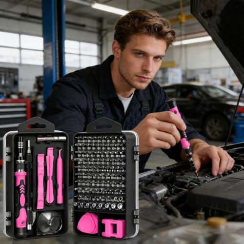 115-in-1 Precision Screwdriver Sets, Multiple Repair Tool Kit with Cluch Head and Bits Non Slip Handle and Tweezers for Electronics, Watch, Glasses, Automotive Maintenance, Pink - color: Lightpink