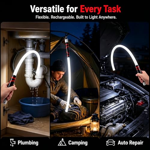 Plman 30" Flexible LED Flashlight Stick with Hook and Gloves | USB-C Charging, 3 Lighting Modes, Flexible LED Light Stick for Automotive Repair, Electrical Inspection, Camping