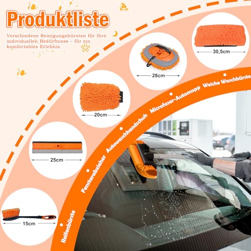 LAANPOLE 12FT Car Wash Brush with Long Handle, Car Cleaning Kit with Soft Bristle Wash Brush, Microfiber Cleaning Mop, Window Squeegee, Mitt, Wheel Brush for RV, Truck, Boat, House Siding - size: 12FT