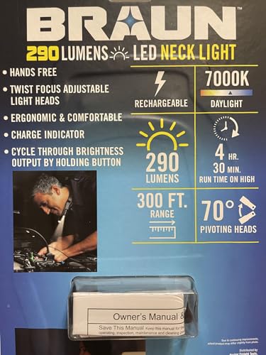 290 Lumens Braun Neck Light, Rechargeable LED, 7000K Daylight, 300ft Range, 70° Pivoting Heads