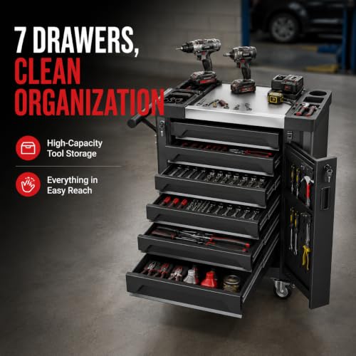 7-Drawer Rolling Tool Chest, Tool Box Lockable Metal Tool Cabinet with Side Storage Cabinet, Ball Bearing Slides Steel Organizer,Heavy-Duty Powder-Coated Tool Cart for Garage Workshope, Black - size: 7 Drawers- Black