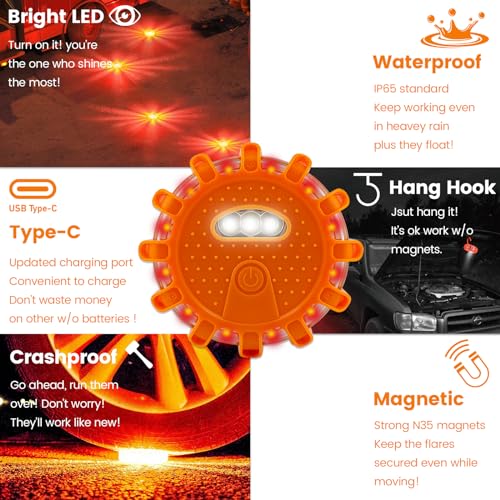 Ecoangel USB-C Rechargeable LED Road Flares Emergency Lights 3 in 1 Cable Roadside Warning Car Safety Beacon Flashing Disc Kit with Magnetic Base for Vehicles - color: USB-C 3PACK
