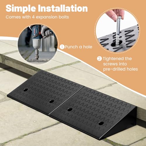 Curb Ramp 2 Pack, 5" Raised Height Rubber Threshold Ramps Set w/Predrilled Holes & 4 Expansion Bolts, 6800 lbs Max Load, Anti-Slip Driveway Ramps for Car, Motorcycle, Wheelchairs, Scooters