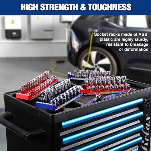 WORKPRO Socket Organizer Set, 8PC Socket Holder, 1/4", 3/8", 1/2" Drive Metric & SAE Socket Trays, Impact Socket Organizer for Tool Box Drawer, Socket Storage Holds 176 Pieces (Socket not Included) | Fits Impact Sockets, Metric & SAE Socket Trays, Holds 1