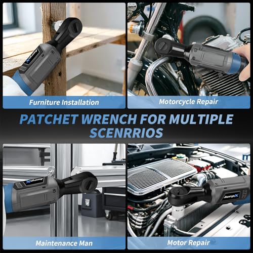 AwxryoX 3/8" Cordless Ratchet Wrench, 120N.m (89 FT-LBS) 21V Brushless Power Ratchet Driver, Electric Ratchet Tool, 2×2.0Ah Batteries, 300RPM Variable Speed, 8 Sockets, 1/4" Adapter & 3" Extension Bar