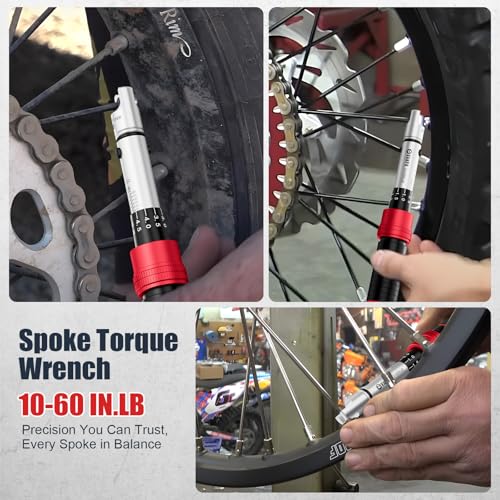VANPO Spoke Torque Wrench, 10–60 in-lb, for Motorcycle Wheel Maintenance | 1/4" Drive Small Torque Wrench Kit with 9 Spoke Wrench Heads (5.1-6.9mm) & Spline, Spoke Wrench for Mountain, Road Bike - size: Spoke(10-60 in.lb)