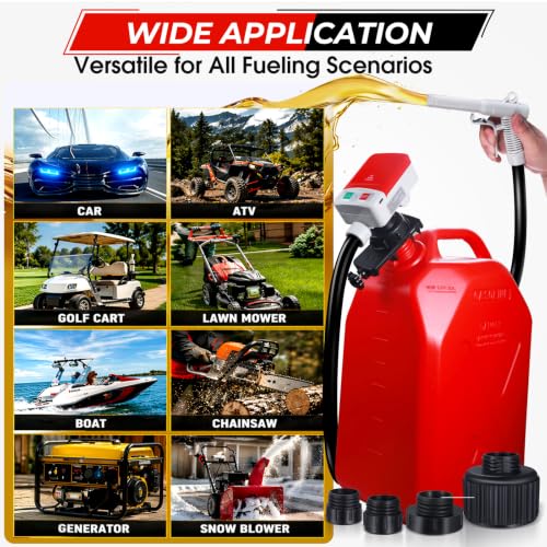 Fuel Transfer Pump with Auto-Stop Sensor-30s Alert Beep,3.4GPM USB & AA Battery Powered, 51" Upgraded Vinyl Hose, 4 Tank Adapters &Universal Multi-Tank Adapter for Gasoline, Diesel,Oil - color: Red&Black