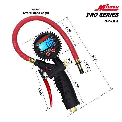 Milton Pro Digital Tire Pressure Gauge S-574D, Straight Foot Chuck, Pistol Grip Handle, Easy to Read 0.1 Display, 255 PSI Max Pressure, 15 Inch Hose, 1/4" NPT (PSI, kPa, Bar, and kg/cm2) - size: Straight Foot Chuck, style: Digital