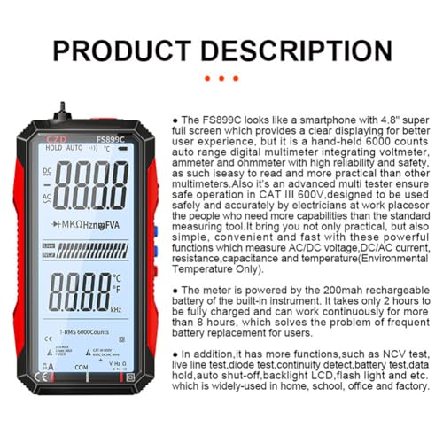 USB Rechargeable Digital Multimeter, 2026 Upgraded Fs899l Multimeter, Automatic Digital Display Multimeter Tester for Home and Industrial Electrical Issues, Multimeter Tester (FS899L)