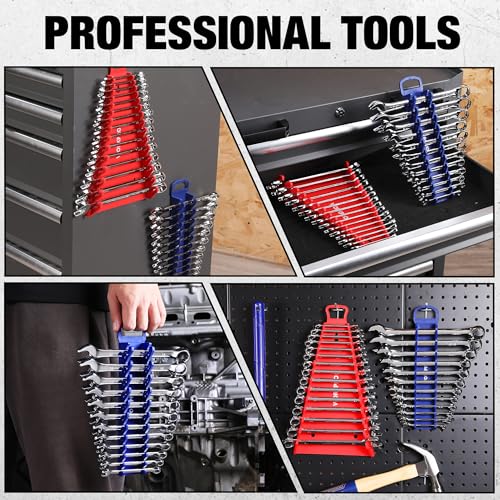 WORKPRO 4-Pack Magnetic Wrench Organizer,15-Slot and 12-Slot Gripper Holder | for Tool Boxes, Flexible Gripping Teeth and Carrying Handle, Fit for SAE and Metric, Blue, Red - style: Gripper Wrench Organizer(4PC)