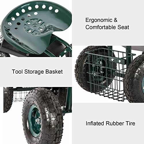 Kinfant Rolling Garden Cart Scooter Stool - Garden Cart with Wheels & Seat Rolling Stool Gardening Cart, Adjustable Handle 360 Degree Swivel (Green) - color: Dark Green