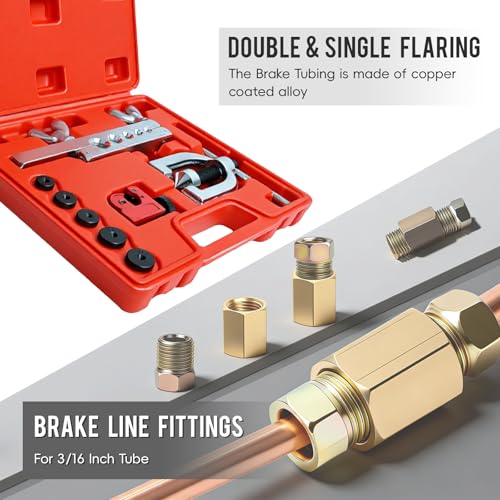 25FT 3/16'' The Latest Copper Coated Brake Line Kit with 16 Fittings and 4 Unions Brake Line Fittings+Tube Bender+Double & Single Flaring Tool Kit for Most Hydraulic Braking Systems - size: 3/16" Brake Lines