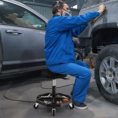 S AFSTAR Garage Shop Roller Seats, Adjustable Pneumatic Rolling Creeper Stool W/Tool Storage Tray & 4 Universal Wheels, Padded Mechanic Stool Repair Shop Stool Garage Rolling Stool (Black - color: Black