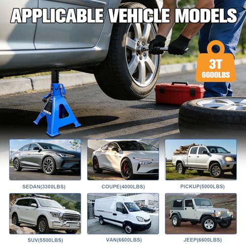 3 Ton Jack Stands Heavy Duty 6,600 LBs, Car Jack Stand for Trucks with Double Pin Locking & Extra Rubber Pads, 11.3"-16.5" Adjustable for Garage, Home,DIY Vehicle Lifting, 1 Pair Blue - size: 3 Ton