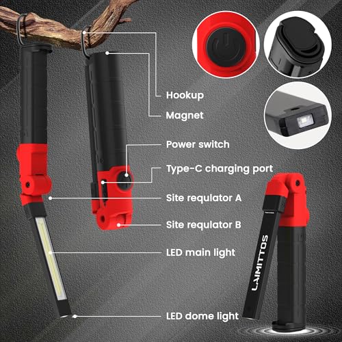 Rechargeable Work Light 2200mAh Magnetic LED Work Light Flashlight Mechanic Light Tool for Men Him, Foldable Lamp with Hook for Car Repair Emergency BBQ Grill (2 Pack) - style: 350 Lumens + 350 Lumens