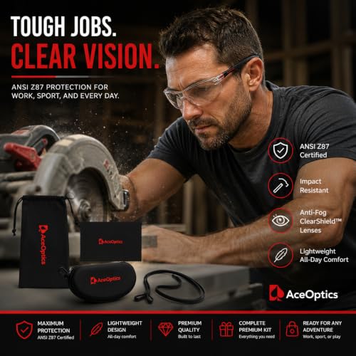 Safety Glasses – ANSI Z87 Certified, 5X Anti-Fog ClearShield™ Lenses with Premium Hard Case & Accessory Bundle - color: Red & Black / Clear
