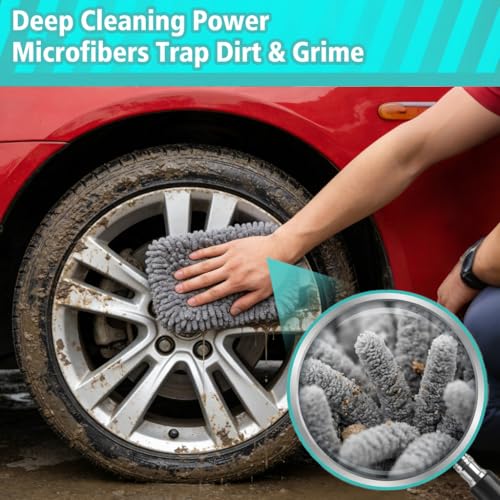 RAINFLOW Microfiber Car Wash Pads 2 Pack - Chenille Cleaning Cloths for Car | Gray Soft Absorbent Wash Mitt Pads for Gentle Cleaning, Reusable Auto Detailing Supplies for Motorcycles Boats