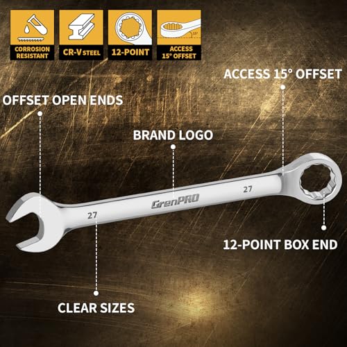 GRENPRO Metric Wrench Set, Large Wrench Set Metric and Standard, 7PC 23mm, 24mm, 26mm, 27mm, 30mm, 32mm Long Big Open End Wrench Tool Set Roll Up Pouch Organizer with Gauge, Combination Wrenches Sets - style: Metric Wrench Set Large