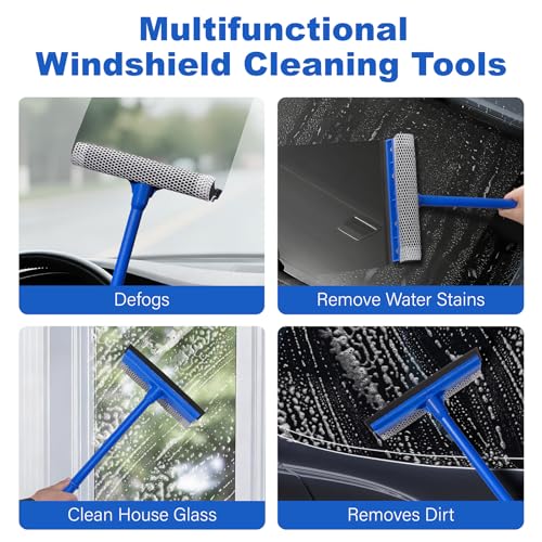 2-in-1 Car Window Cleaner, Multi-Use Car Windshield Cleaning Tool, with 15.9" Handle, 8" Soft Rubber Blade & Highly Absorbent Sponge, Home, Car, Glass, Shower, Outdoor Window Cleaning