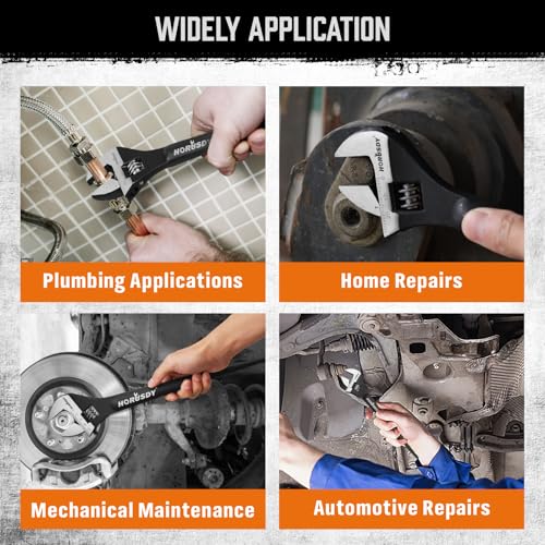 HORUSDY 3-Piece Adjustable Spud Wrench Set, 10", 12", 16", CR-V Steel, SAE & Metric Scale, Black Oxide Finish, Heavy Duty Wrenches for Construction, Mechanical Repair, DIY and Outdoor Projects - style: 3PC Spud Wrench Set, 10" 12" 16"