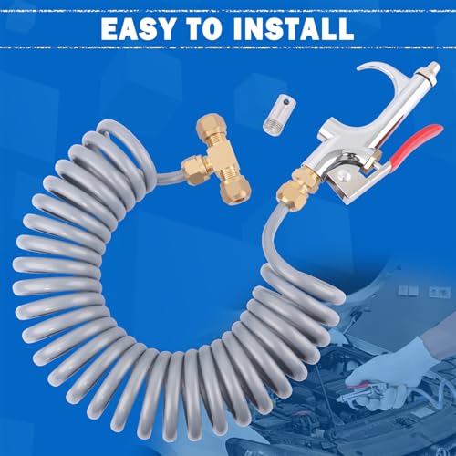 Heavy Duty Truck Air Seat Blow Gun Kit 1/4 Inch 11.5FT PA Nylon Coil Air Hose Brass Compression Fittings Connect Lever Air Duster Blow Gun Cleaning with 2 Nozzle Tips Gray - color: Gray