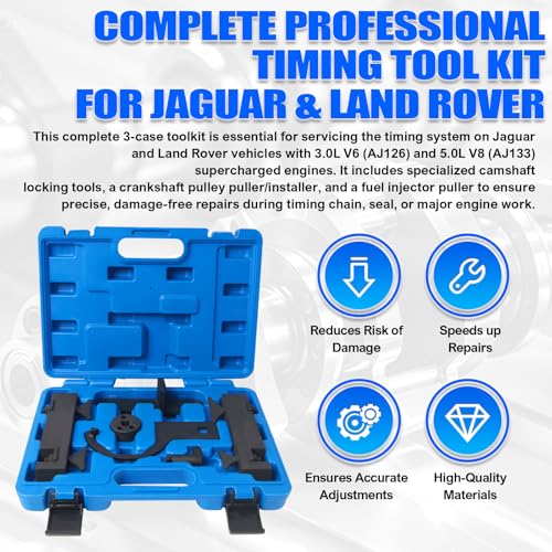 Professional Timing Tool Kit for Jaguar & Land Rover 3.0L V6 / 5.0L V8 Supercharged Engines (2010+ My) - Includes Camshaft Lock, Crankshaft Pulley Puller & Installer, Fuel Injector Puller