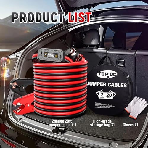TOPDC 2 Gauge 20 Feet Heavy Duty Jumper Cables, Reverse Polarity Protection | Reverse polarity protection, heavy duty 2 Gauge cables and a carry bag for car, SUV and truck battery use. - size: 2 Gauge, 20FT w/ Protecter