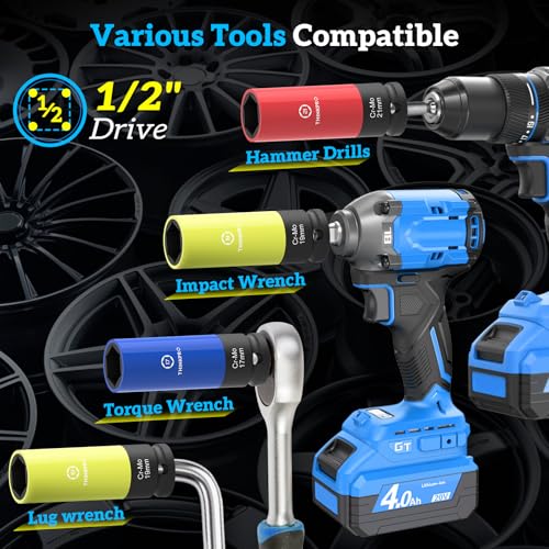Impact Lug Nut Socket Set-7 Pieces Thin Wall Impact Sockets,17,19,21 mm Non-Marring Deep Wheel Lug Nut Sockets Come with Bolt Extractor for Anti-Theft Wheel Nuts