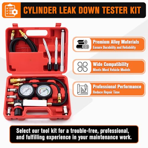 Cylinder Leak Down Tester Kit with Extension Rod for Gasoline Engines – Automotive Compression Leakage Tester for Cars, Trucks, Motorcycles, Pressure Check, Leakage Rate Test