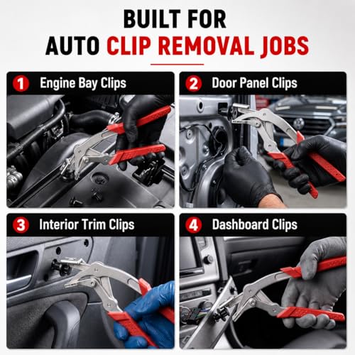 Car Clip Pliers, Auto Clip Removal Pliers, Panel Clip Removal Tool for Automotive Plastic Fasteners, Trim Clips & Door Panel Removal, 17-4 PH Stainless Steel, Damage-Free Removal