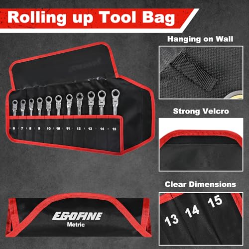 Egofine Flex Head Ratcheting Wrench Set 11 Piece, Metric Wrench Set, CR-V Steel 6-15mm Wrench, 72-Teeth Combination wrench set, Chrome plated Ratchet Wrenches Set with Tool Roll Bag - style: Metric-11 piece set