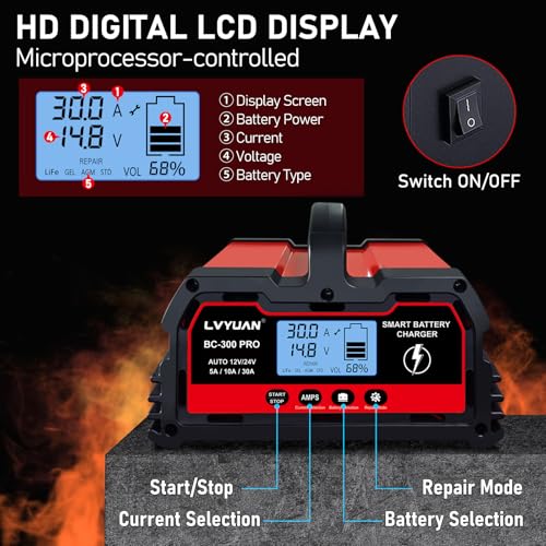 LVYUAN 30Amp Smart Car Battery Charger, 12V/24V Automotive Charger, Lead-Acid Battery, LiFePO4 Battery Maintainer with LCD Display, Trickle Charger, for Lawn Mower, Motorcycle, AGM, STD, Gel, EFB,etc