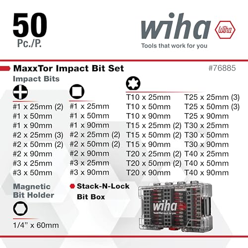 Wiha 76885 50 Piece MaxxTor Impact Bit Set