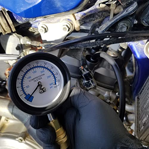 Pit Posse Motorcycle Compression Tester Kit Compatible with Yamaha Honda KTM Suzuki Kawasaki - Comes with 10mm 12mm 14mm 18mm Spark Plug Adapters - Reads 0-300 PSI - Carry Case Included