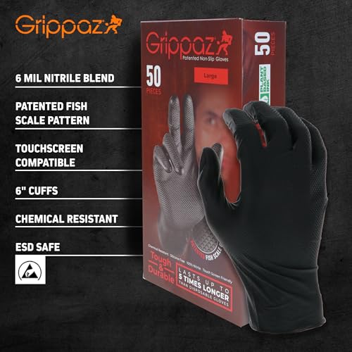 Grippaz 6 Mil Thick Black 100% Nitrile Disposable Gloves, Patented Fish Scale Grip, Touch Screen Capable - size: Large