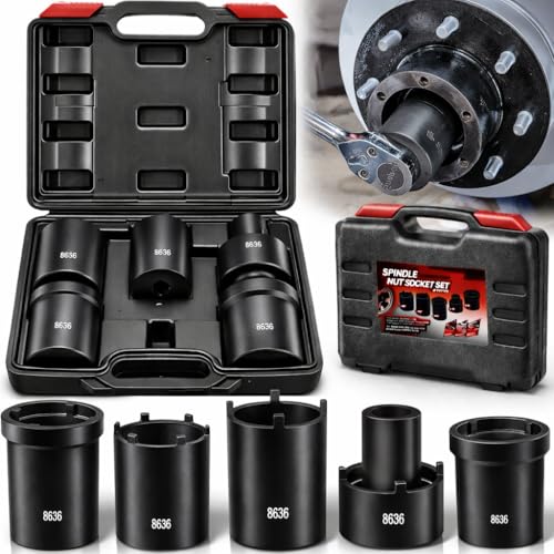 Spindle Nut Socket Tool Kit, 5Pcs Axle Hub Lock Nut Socket Set 1/2” Drive for Ford Dana 44/50/60, F250, F350, Chevy, GM, w/Storage Case, 648636 Lug Out Spindle Sockets Remover Installer Set